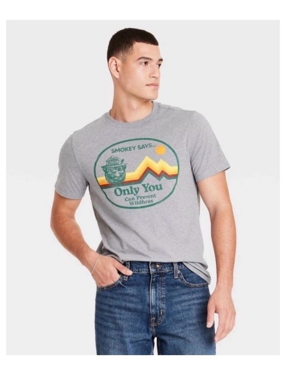 Goodfellow & Co Gray Smokey Says Graphic Tee with Green, Yellow and Orange Print